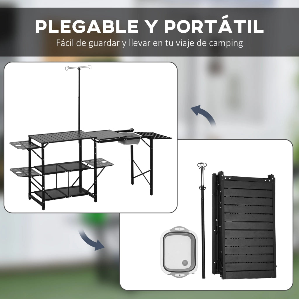 Tavolo da Picnic Pieghevole con Lavandino e Ripiani ¨C zephmum ¨C Grigio 173x52x80 cm