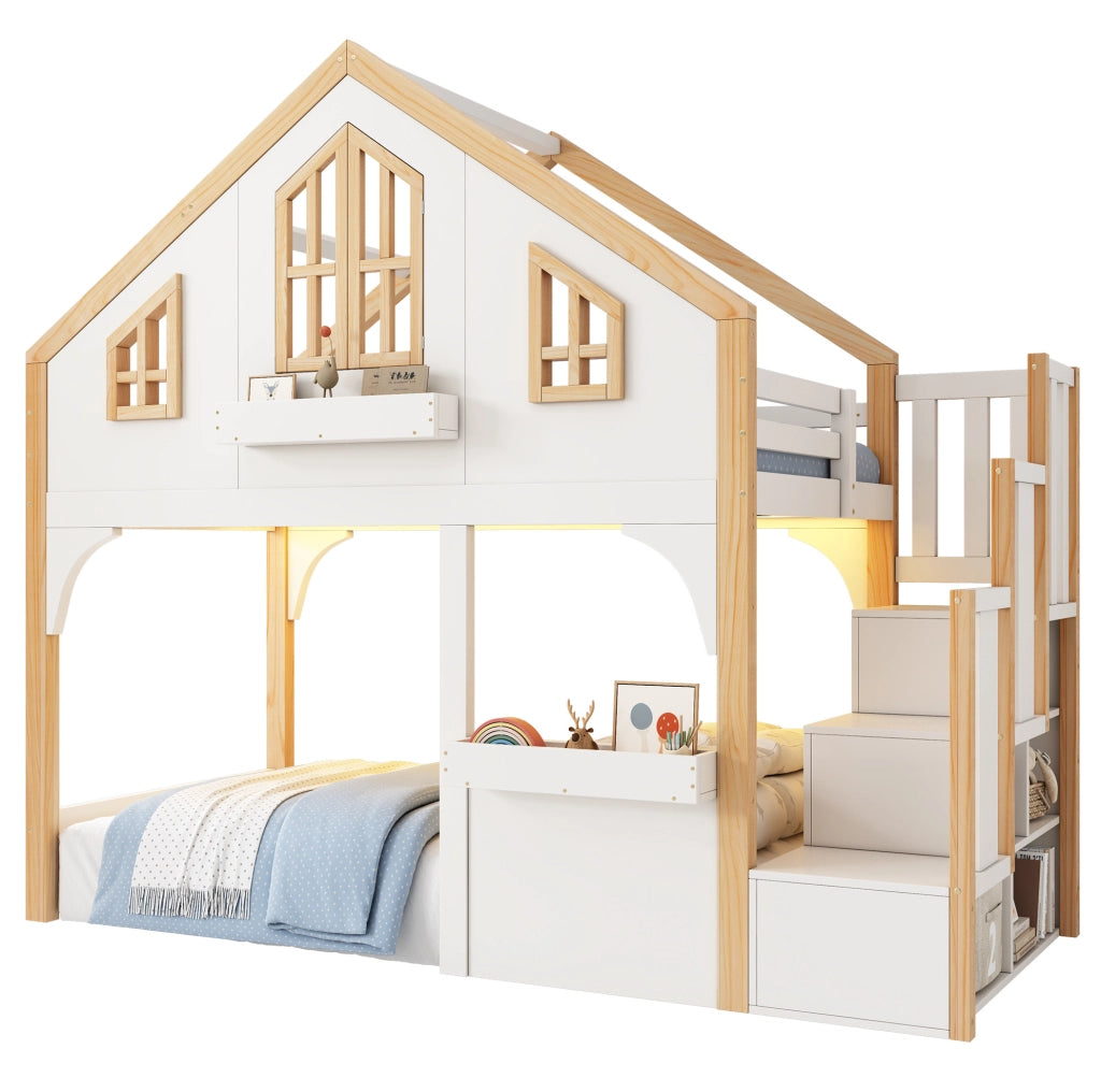 Letto a soppalco per bambini 90x200 cm in legno di pino e MDF con LED e scala contenitore; bianco