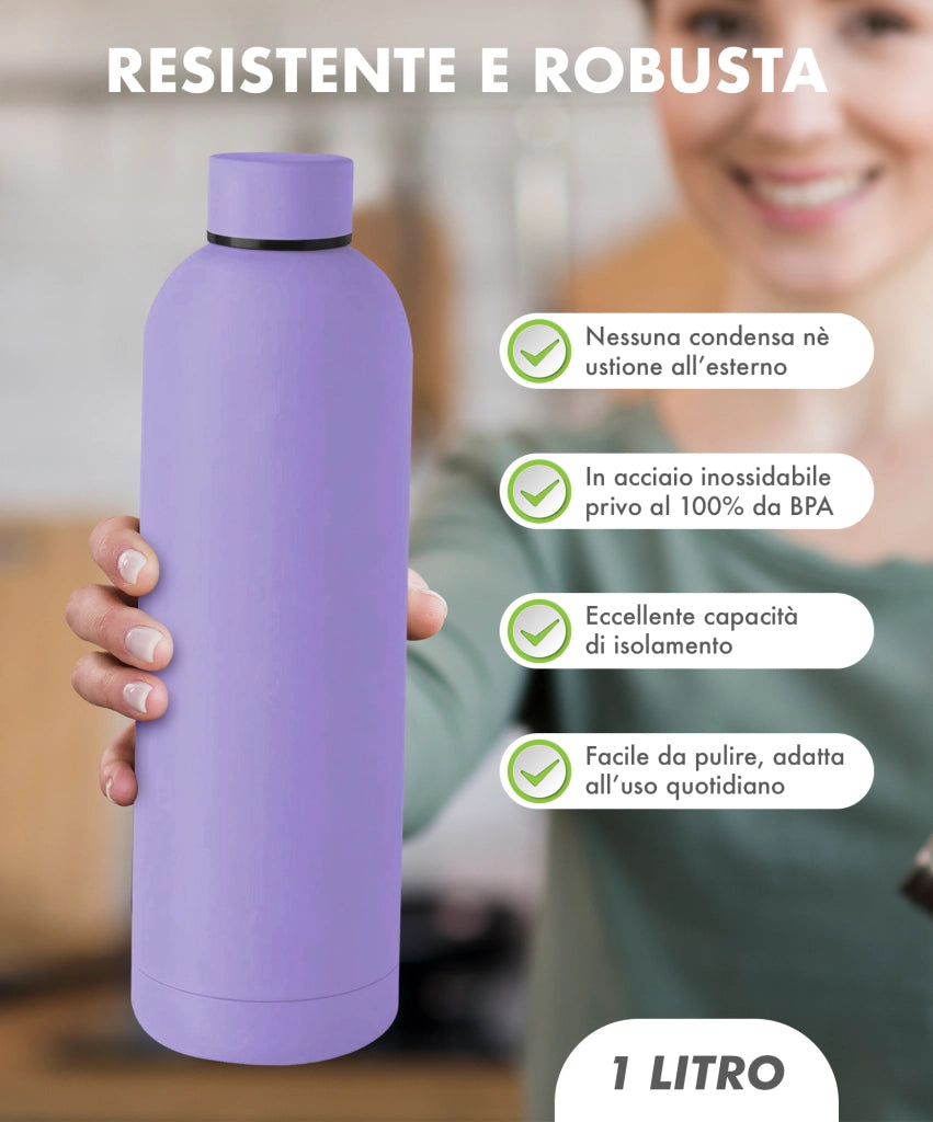 Borraccia Termica 1 Litro Bottiglia Acciaio Inox Inossidabile Doppio Strato 1000 Ml Tappo Antigoccia Doppia Camera Bevande Calde Fredde Termos Sistema Sottovuoto Rivestimento Soft Touch  - Lilla