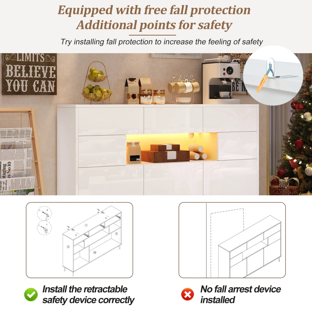 Credenza e madia con LED e 3 cassetti, 5 vani e vano aperto, per soggiorno, bianco, 140 × 30 × 82 cm