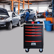 Mobile contenitore con 5 cassetti e ruote in acciaio per garage e officina, con chiusura a chiave, nero rosso