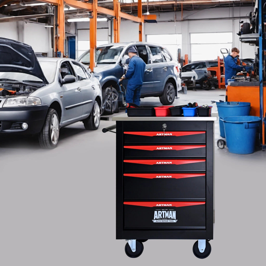 Mobile contenitore con 5 cassetti e ruote in acciaio per garage e officina, con chiusura a chiave, nero rosso