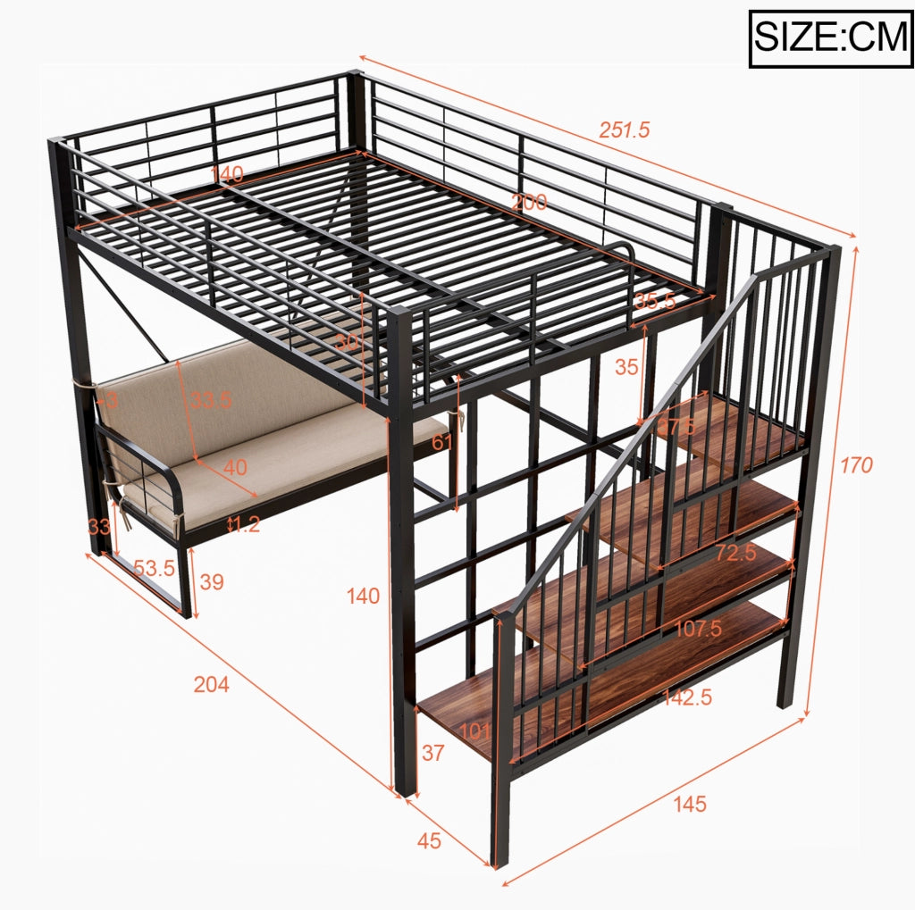Letto a castello 140x200 cm con divano imbottito rimovibile e scala contenitore in metallo