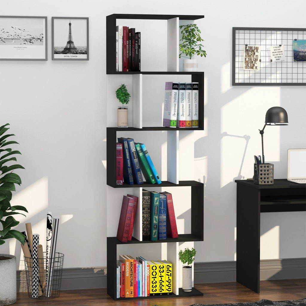 Mobile Libreria in Legno a 5 Ripiani con Divisorio, 60x24x184.5 cm, Bianco e Nero