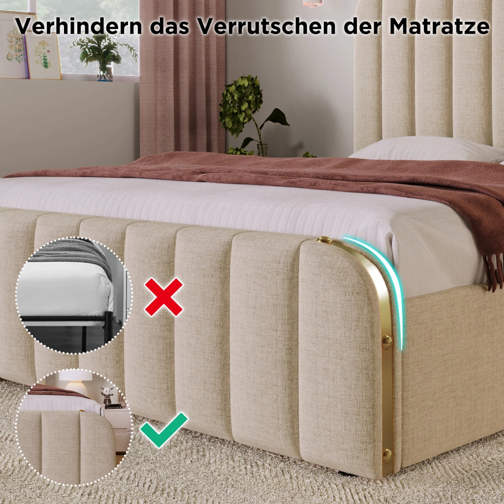 OKWISH Letto con Cassetti 180×200 cm, Letto Matrimoniale con 4 Cassetti, USB, Tipo C e Testiera Imbottita, senza Materasso, Beige