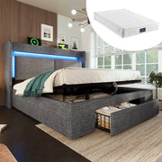 Letto Imbottito Contenitore 160x200 con LED, USB, Testiera e Materasso ¨C MINIMAL ¨C Grigio Lino