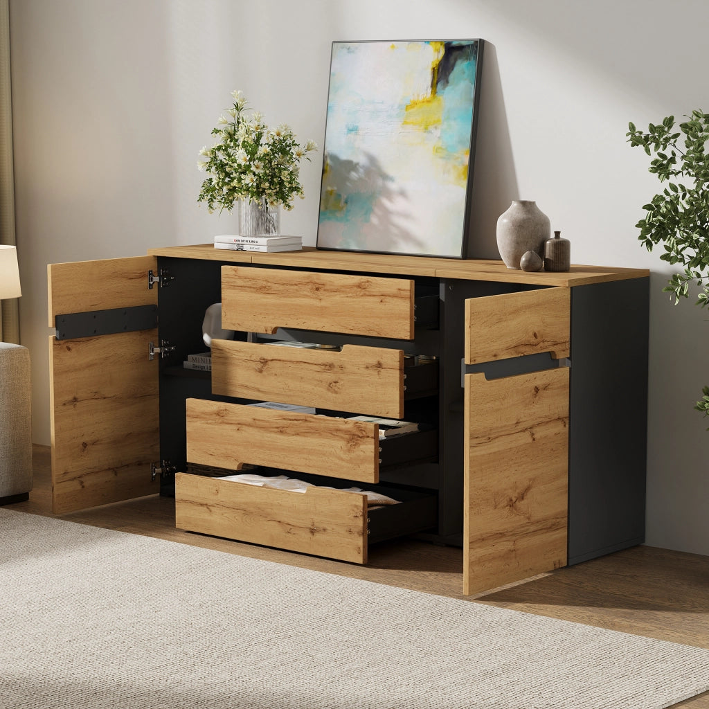 Credenza e madia con 2 ante e 4 cassetti, per soggiorno, in truciolato, color legno e nero, 160 × 40 × 80 cm