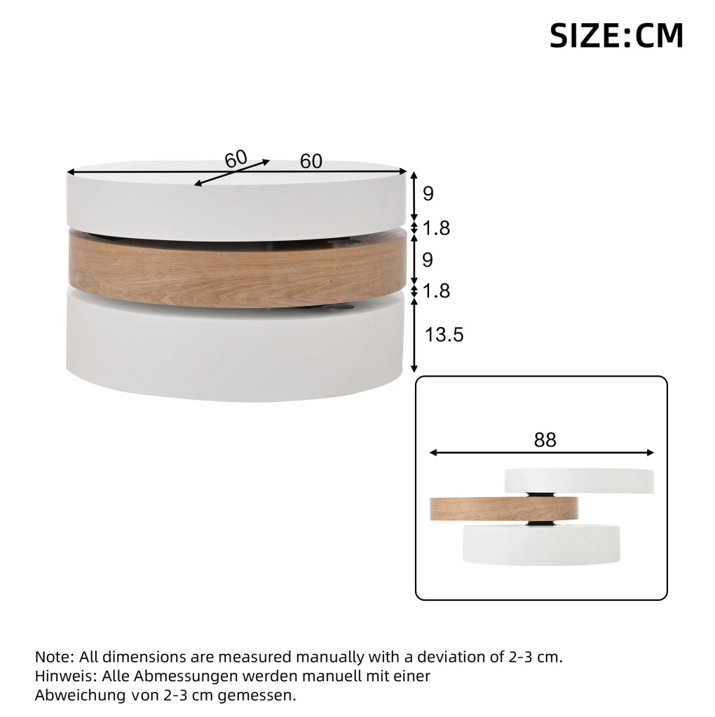 Tavolino da caffè 60 x 60 x 35;1 cm girevole 360° con vano contenitore in MDF bianco e naturale