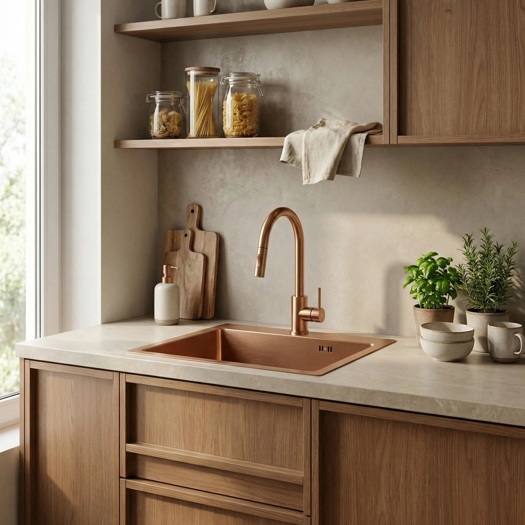Lavello In Acciaio Leo 50 Brush Copper senza rubinetto da cucina