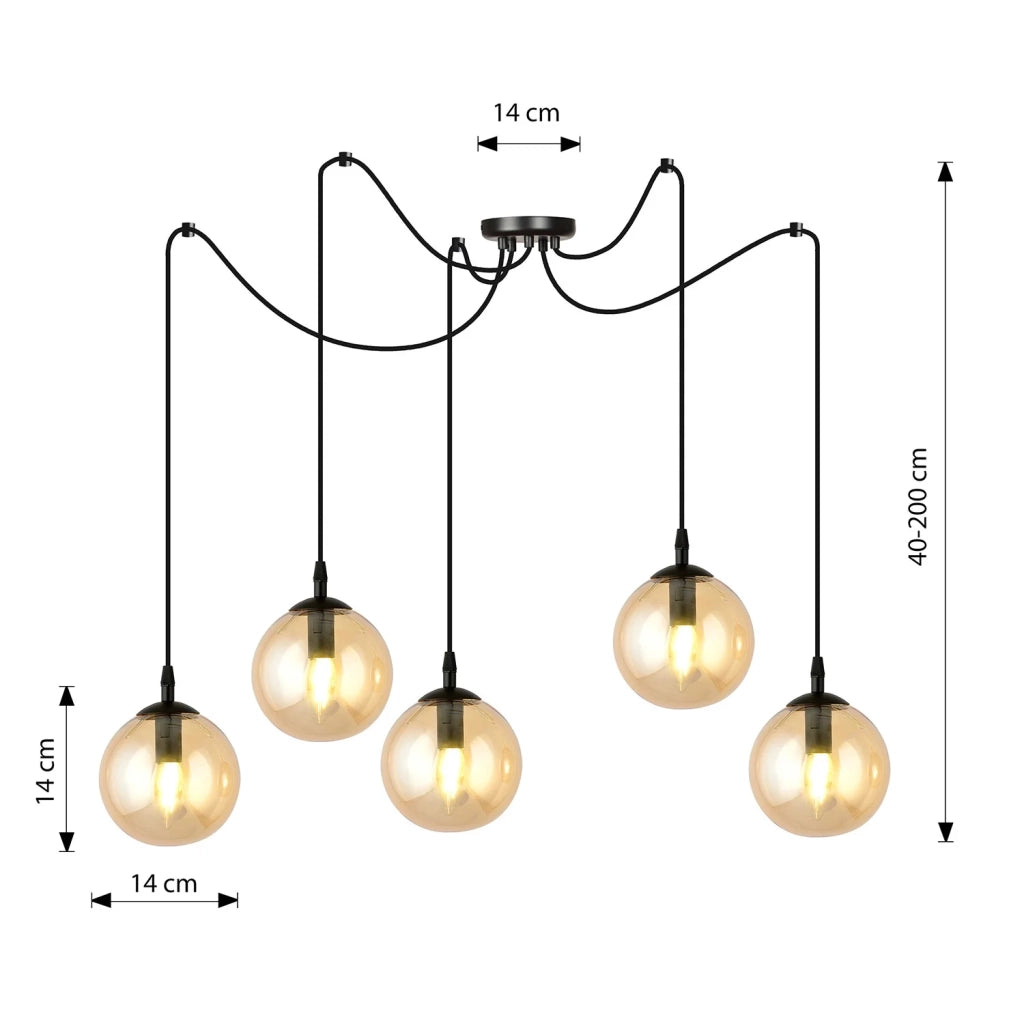 Lampadario 5 Luci Ginevra In Acciaio Nero Con Cavo Lungo E Vetri Ambra