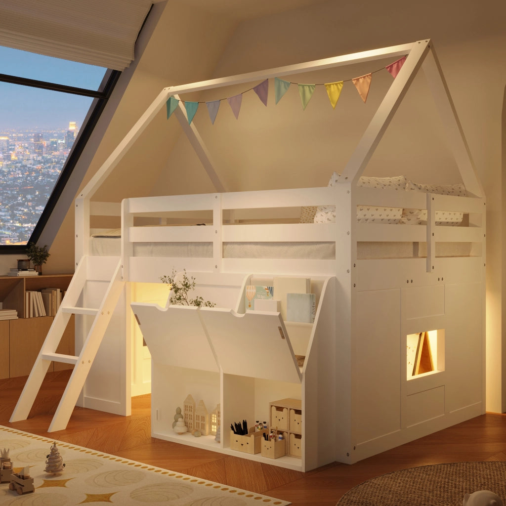 Letto a soppalco per bambini a casetta 140x200 cm con scala; LED e contenitori bianco
