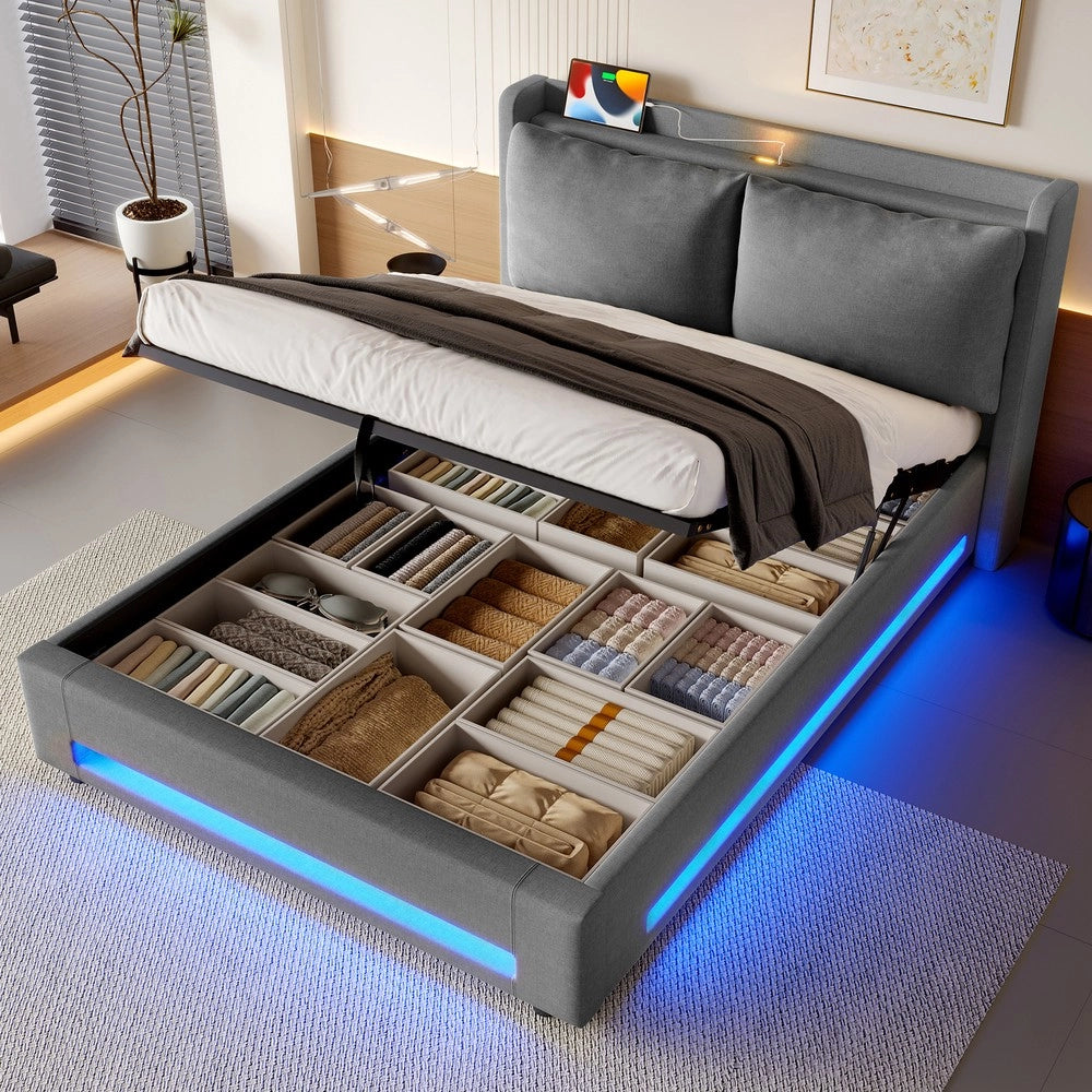 Letto Contenitore Imbottito con LED, USB-C e Cuscino ¨C MINIMAL ¨C Grigio Scuro 160x200