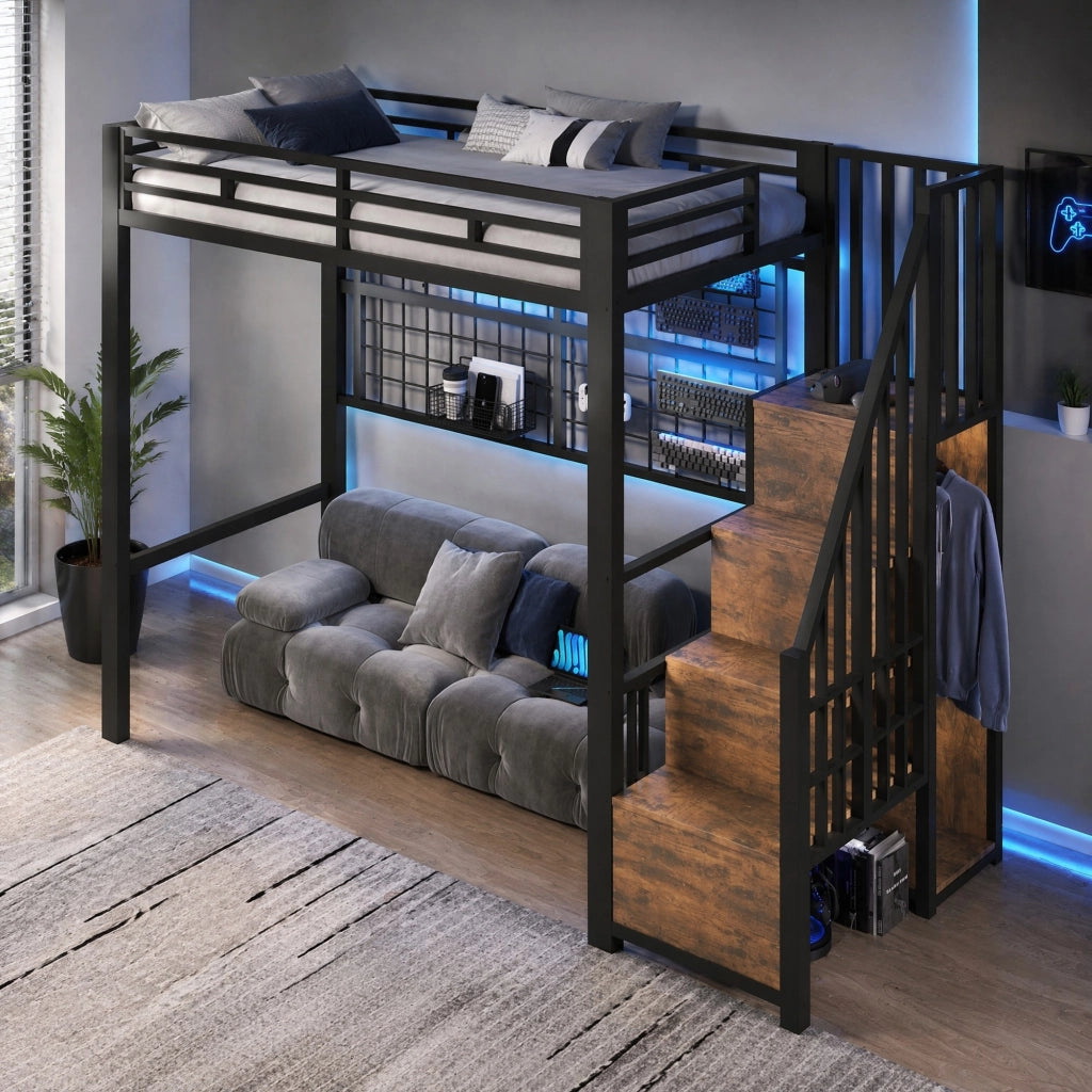 Letto a soppalco 90x200 cm con armadio, LED 7 colori