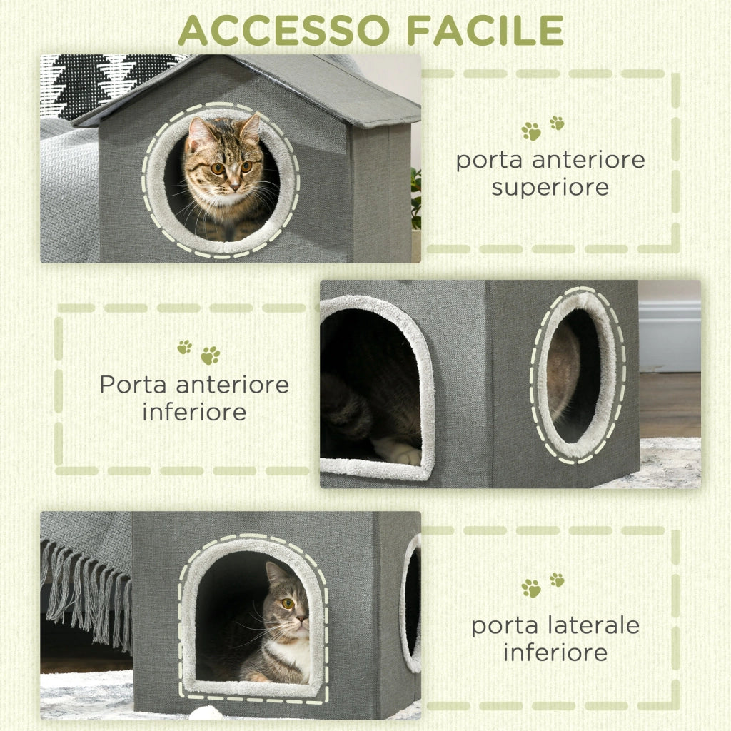 EasyComfort Casetta per Gatti a Due Livelli con Cuscini Lavabili 3 entrate, 42x46x59.5 cm, Grigio