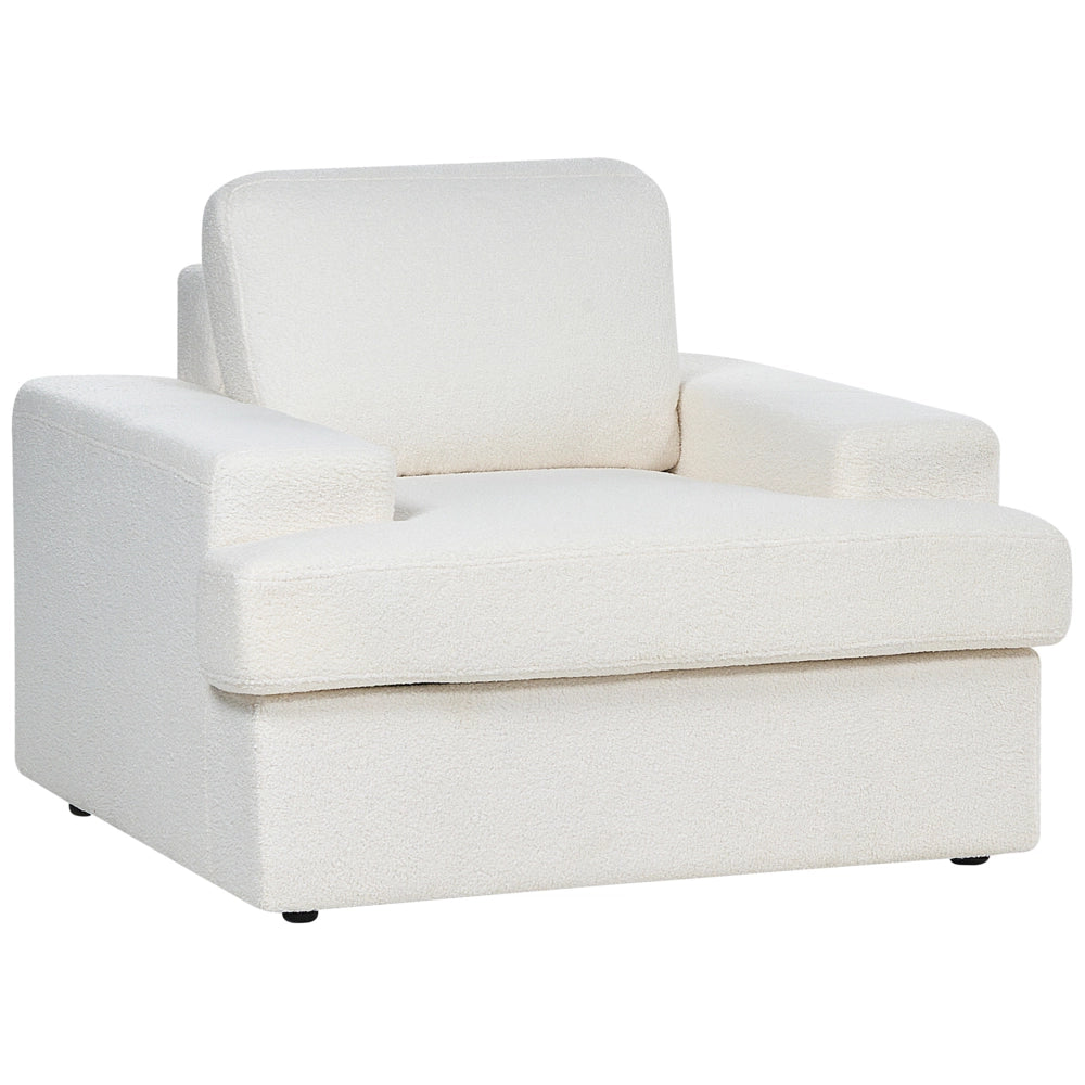 Set da salotto in bouclé bianco imbottito a 4 posti con poltrona, schienale imbottito, divano classico per il soggiorno.