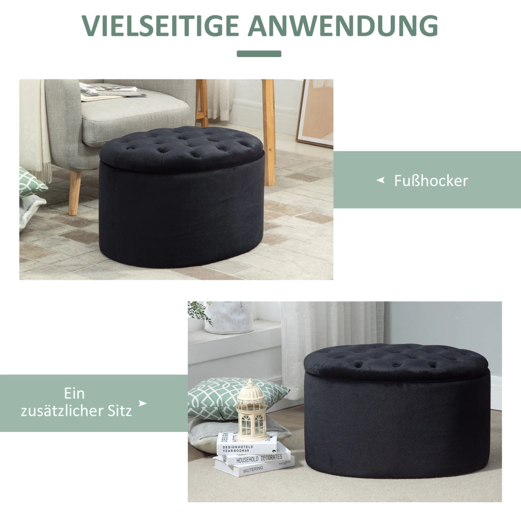 Pouf contenitore imbottito ovale con vano nascosto e coperchio rimovibile, in poliestere effetto velluto nero