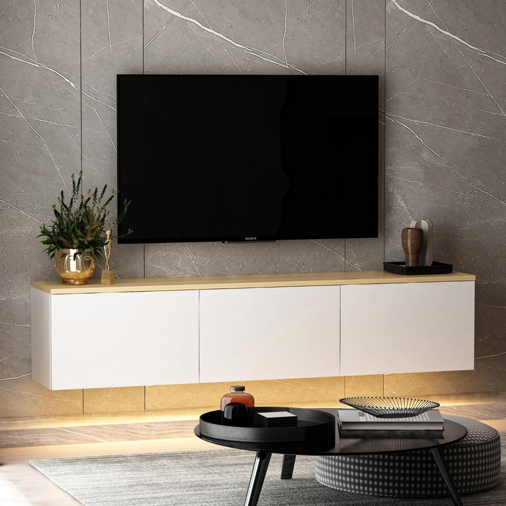Mobile TV a parete in legno con illuminazione LED "Neon" - 160 x 32 x 35 cm - Bianco