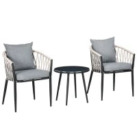 Set da Giardino 2 Persone da 3 Pezzi, 2 Poltrone con Cuscini, Tavolino Rotondo con Piano in Vetro Temperato, Corda Intrecciata, Grigio