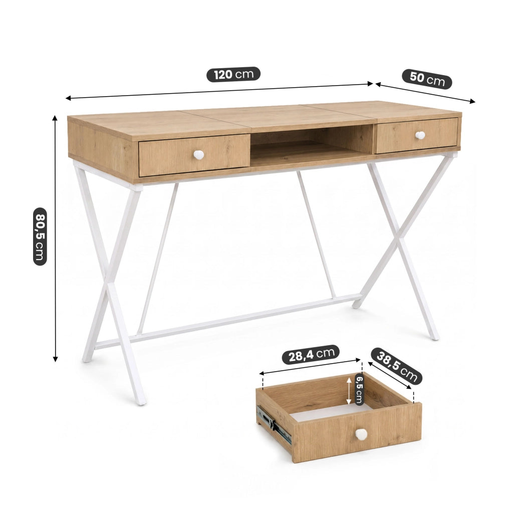 Scrivania PC industriale Rovere Artisan CROSSLINE 120 cm 2 cassetti 1 ripiano gambe bianche