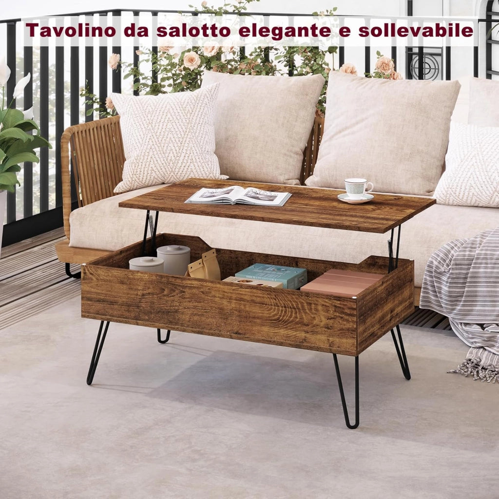 WOLTU Tavolino da Salotto, Tavolino da Caffè Sollevabile, Tavolino da Divano con Scomparto Nascosto, Stile Industriale, 95x50x(40-55,5) cm, Legno Marrone Vintage + Metallo Nero, BTS18hov