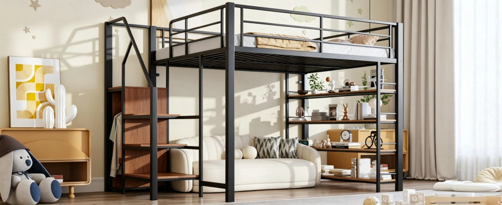 LETTO a soppalco 140x200 cm in metallo nero con scala contenitore e armadietto