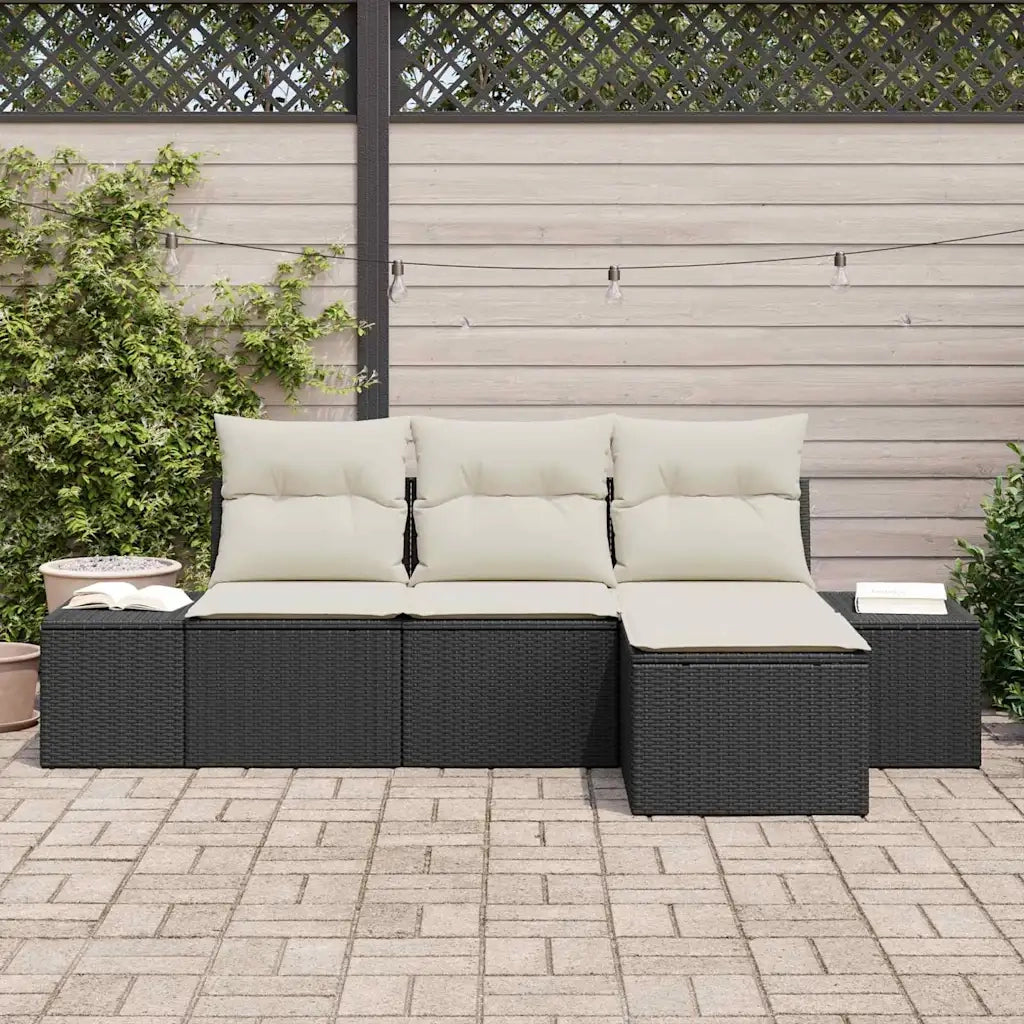 Set Divano da Giardino 4 pcs Nero e Crema polyrattan
