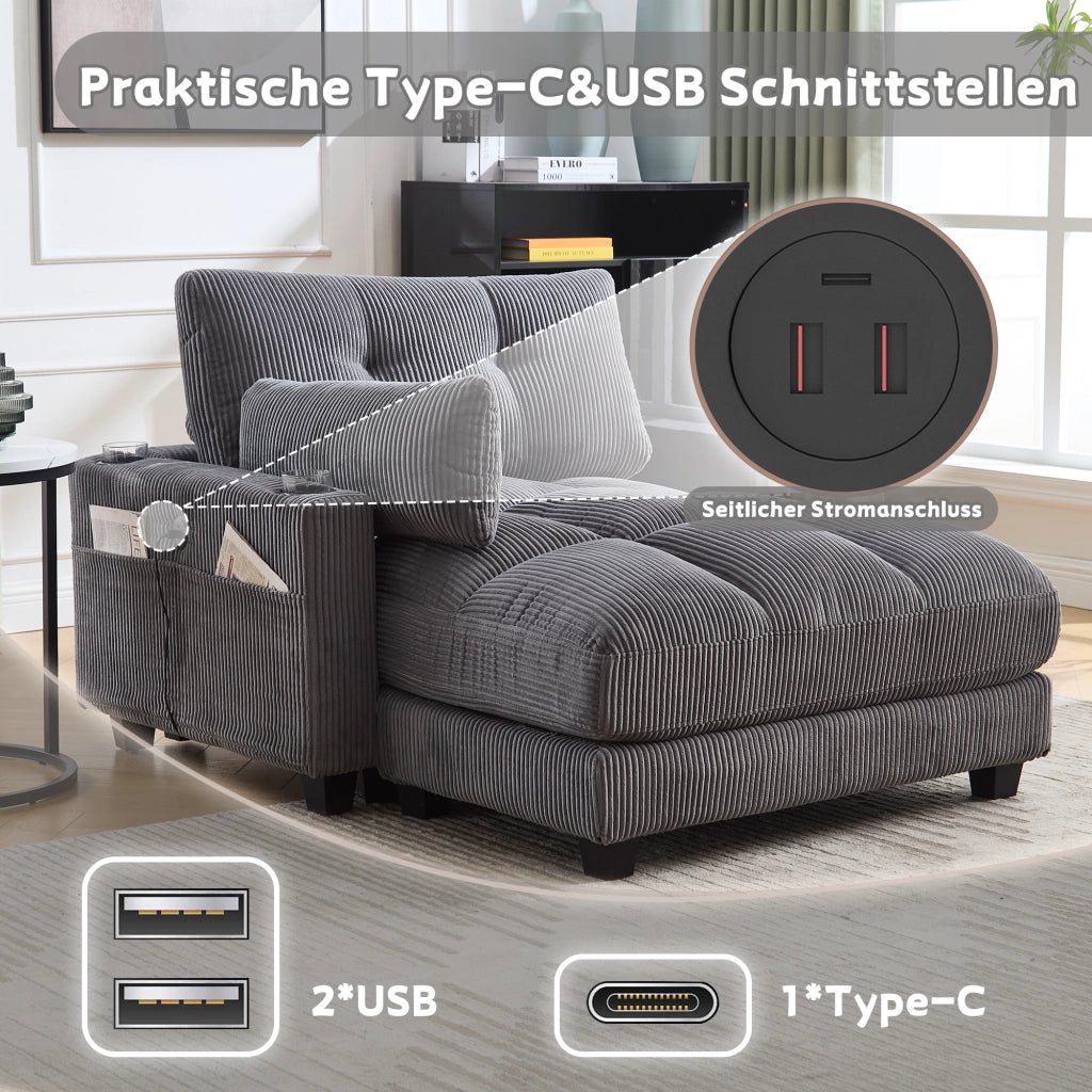 POLTRONA Relax 140x112x81 cm Tessuto a coste Grigio con portabicchieri e USB