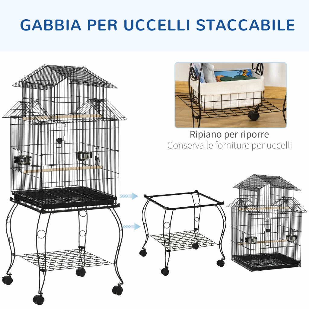 EasyComfort Gabbia per Uccelli da Interni in Legno con Vassoio, 4 Ruote e Trespolo, 50x49x137cm