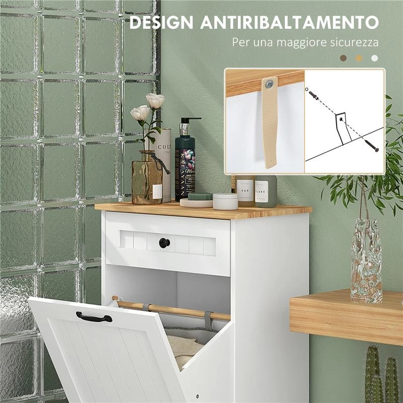 MOBILETTO BAGNO IN LEGNO CON CESTO PORTABIANCHERIA IN TESSUTO RIBALTABILE E CASSETTO BIANCO
