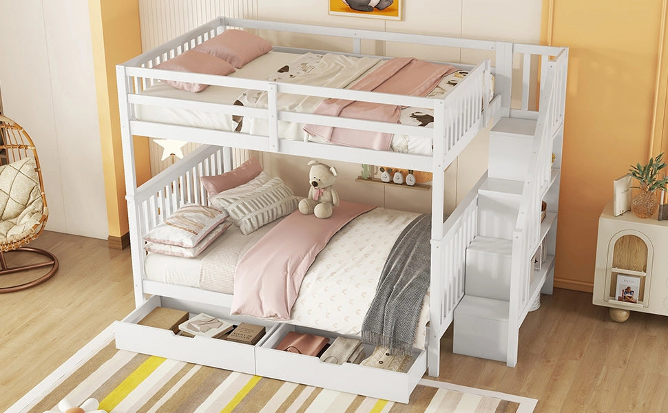 DESMIU Letto a castello 140 × 200 cm 2 posti con 2 cassetti, scaffali sulla scala e senza materasso, bianco