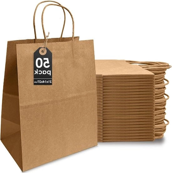 50 sacchetti di carta con maniglia - sacchetti di carta kraft marrone - compatti - 21 x 14 x 27 cm
