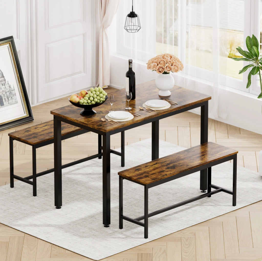 Set tavolo da pranzo con 2 panche 110x60 cm rustico nero