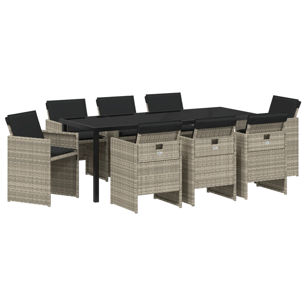 Set da Pranzo da Giardino con 9 Pezzi e Cuscini Grigio Chiaro Rattan Polare