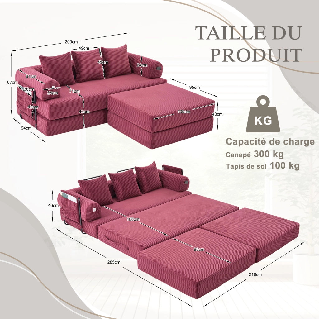 Divano modulare con pouf componibile tasca laterale e 3 cuscini struttura in metallo velluto a coste bordeaux