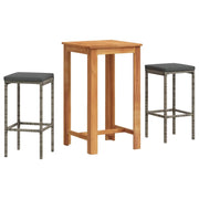 Set Bar da Giardino 3 pz | Set Salotto da Giardino Grigio in Legno Acacia e Polyrattan