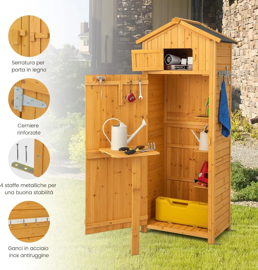 Armadio da Esterno in Legno, Capanno da Giardino con Serratura, Tavolo Pieghevole, Tetto Impermeabile, Ganci, Ripiani Rimovibili e 4 Staffe Metalliche, per Patio, Giardino e Cortile (Legno)