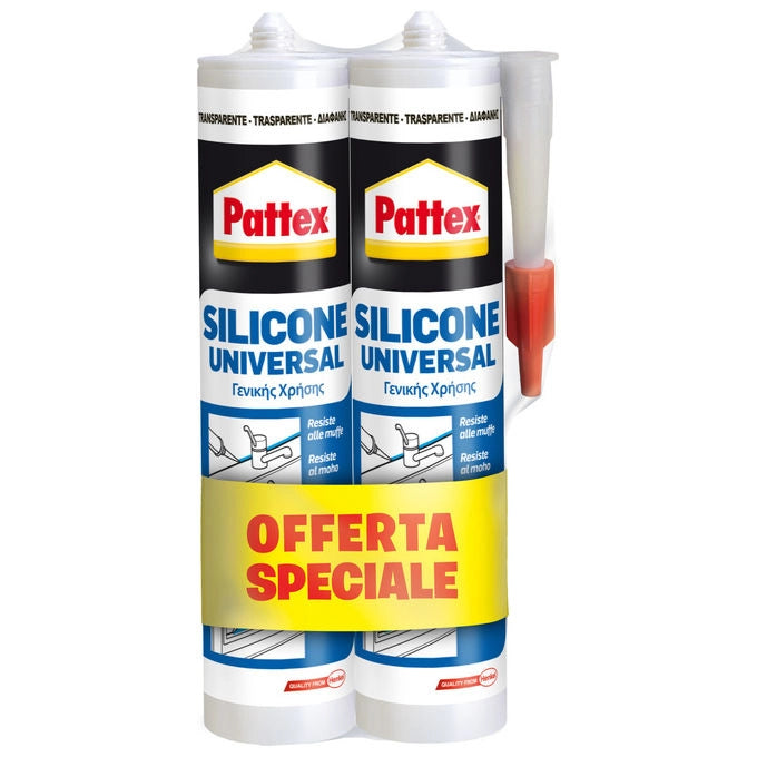 Pattex, Sigillante Universale Trasparente, Silicone, Bi-pack 2x280ml, Adesivo Sigillante