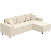 Divano con Penisola a 3 Posti in Tessuto Effetto Velluto, Schiuma e Nylon, 241x153x83 cm, Bianco Crema