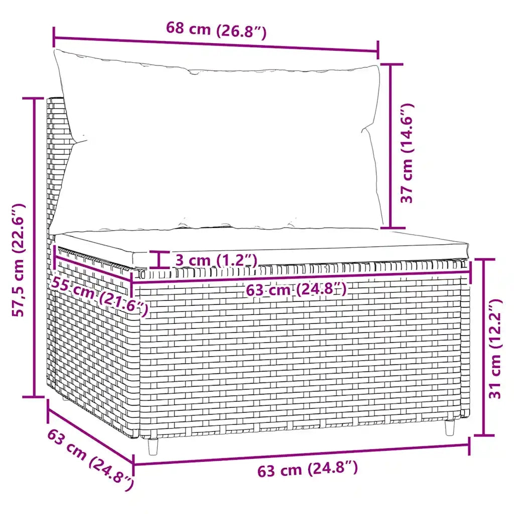 Divano Centrale da Giardino con Cuscini in Polyrattan Nero