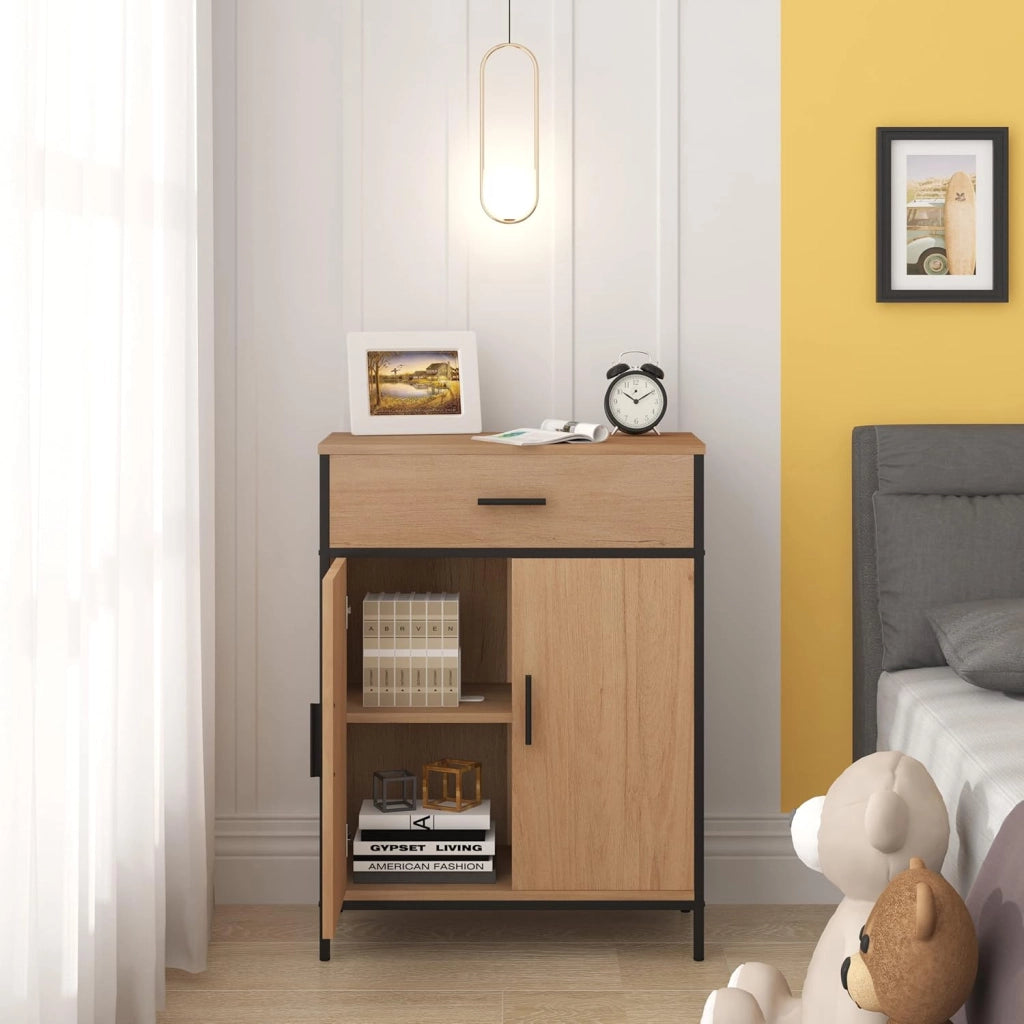 Mobile per Bagno da Terra, Armadietto da Bagno a 2 Ante in Legno e Metallo, Mobiletto Salvaspazio con Cassetto e Ripiano Regolabile, Stile Industriale, Marrone e Nero, 60x30x80 cm