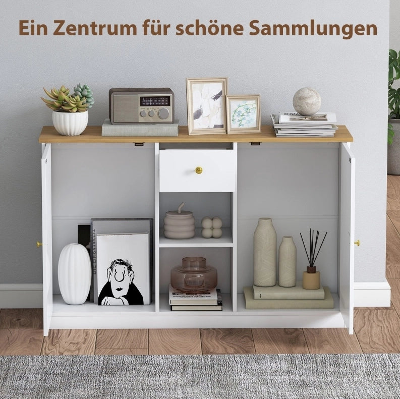 Credenza bianca 120 cm con cassetto, ante e vani aperti