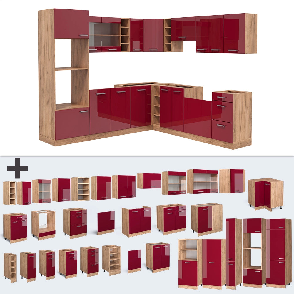 Cucina angolare completa R-Line Rosso lucido/Rovere dorato 247 x 237 cm, PL Antracite Vicco