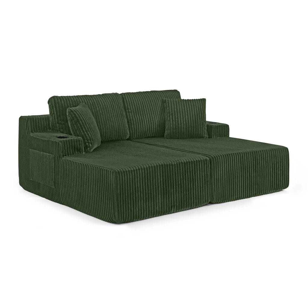 Divano letto a 2 posti modulare in tessuto a coste con tasca laterale, portabicchieri e cuscini, verde