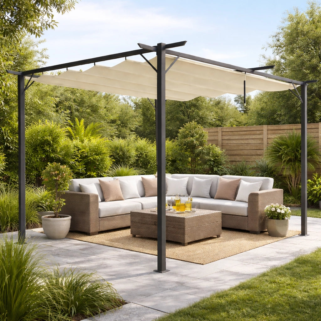 Pergola Gazebo Retrattile 3x3 Beige Anti UV Impermeabile da Giardino Esterno