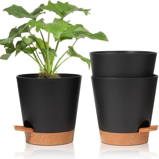 Set di Vaso di Fiori in Plastica da 3 pezzi, Vaso di Fiori Rondi in Plastica Nero Φ6.5cm con Sistema di Irrigazione per Decorazione Interna ed Esterna
