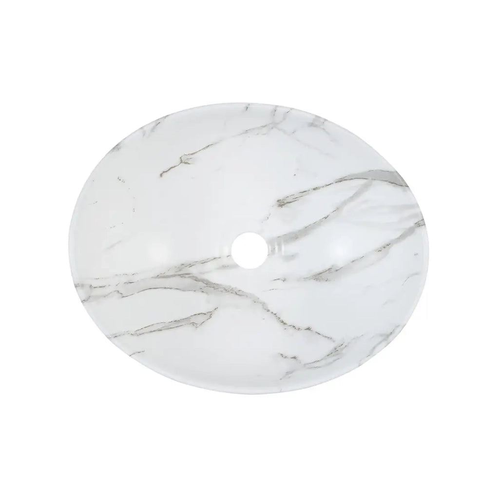 Lavabo da appoggio ovale 41x33 cm in ceramica bianca effetto marmo