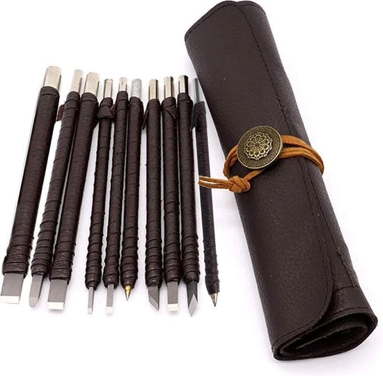 Decine di pezzi di beigli di legno in acciaio di tungsteno per il taglio del legno - Set per professionisti e principianti con tasca di stoffa in pelle