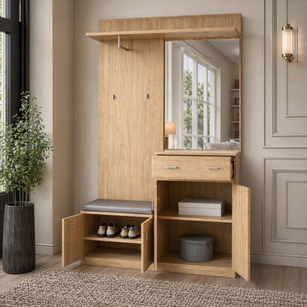 Set Ingresso Con Panca Portascarpe Appendiabiti Mobile Entrata Specchio Mobiletto Contenitore Multifunzione Salvaspazio Corridoio Casa Design Moderno 120 x 32 x 203 Cm Rovere