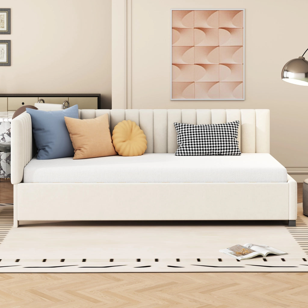 OKWISH Letto Divano 1 Posto, Schienale Reversibile, Testiera Imbottita e Velluto, 90 x 200 cm, senza Materasso, Beige