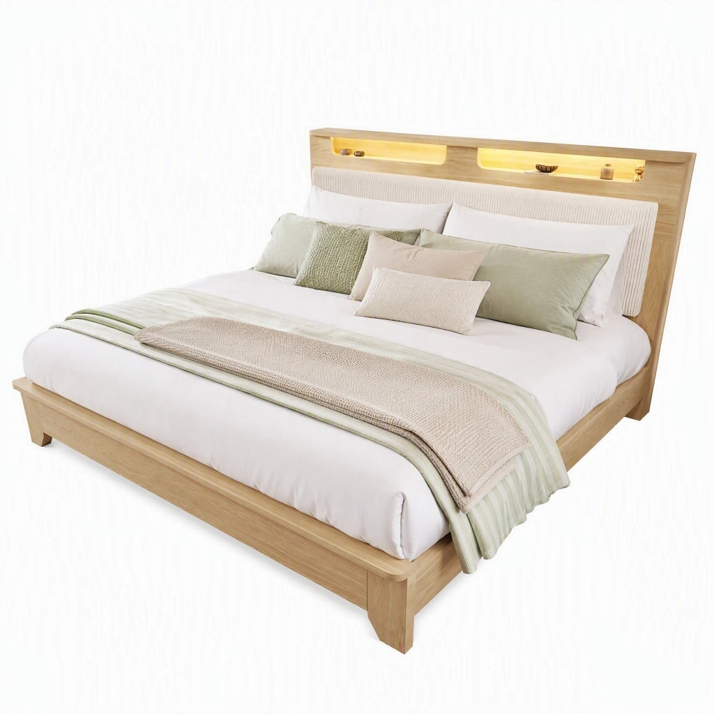 Letto matrimoniale in legno 160x200 cm con testiera LED, vano contenitore e materasso incluso